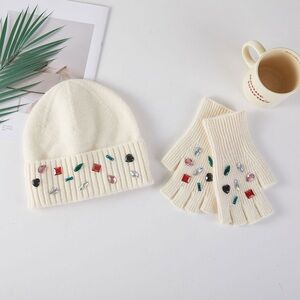 Embellished Cream Kids Beanie and Gloves Set